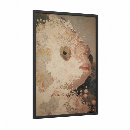 Vintage Puffer Fish framed art print — black wood frame — cream and russet palette