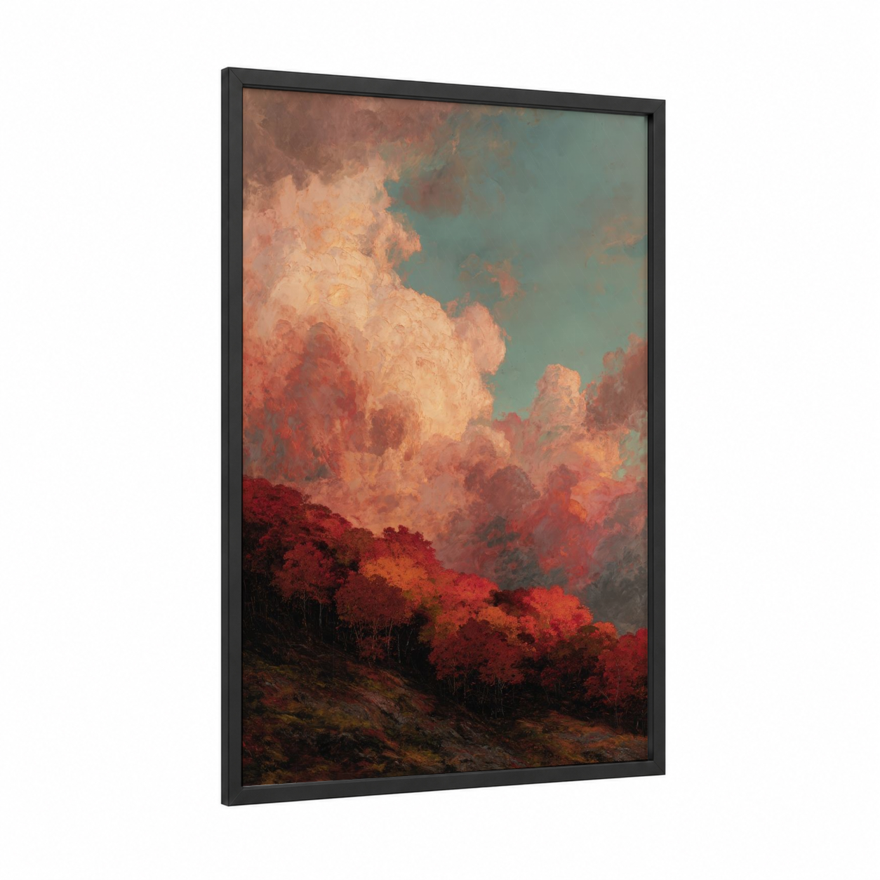 Crimson Maple Sunset framed maple forest print — black wood frame — red and teal palette