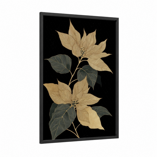 Golden Poinsettia Pair framed poinsettias print — black wood frame — gold and sage green palette