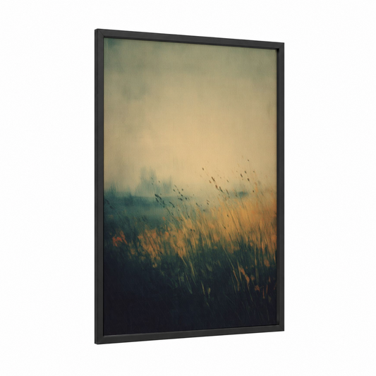 Misty Night Field framed night sky print — black wood frame — gold and teal palette