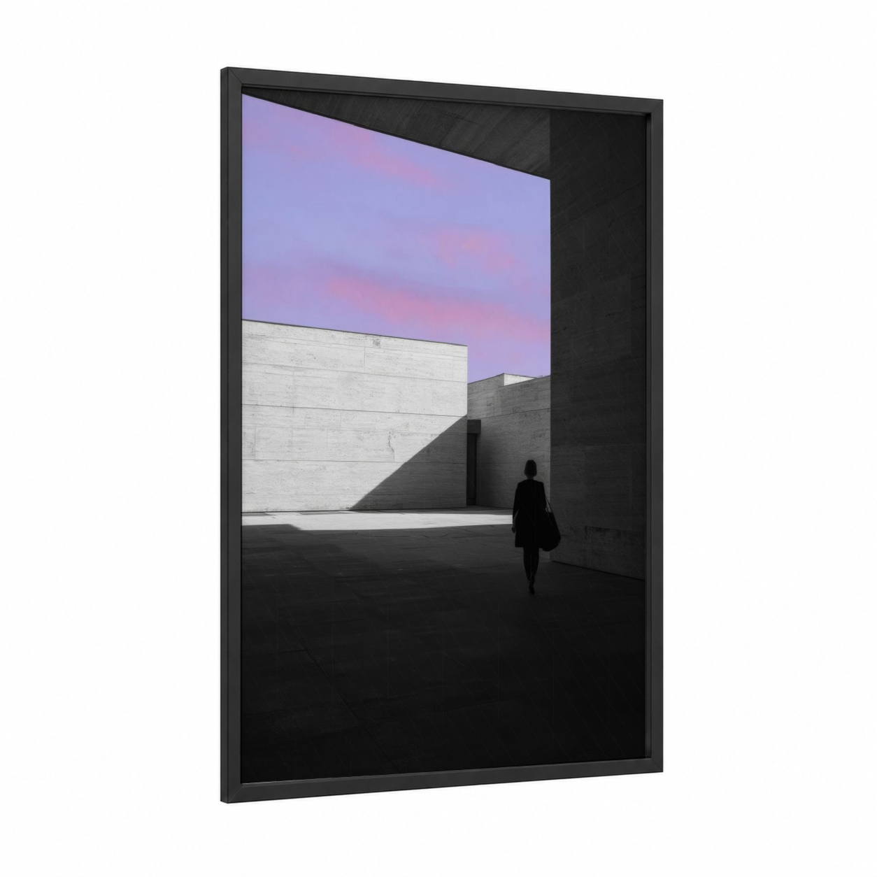 Pastel Solitude framed abstract architecture print — black wood frame — lavender and gray palette