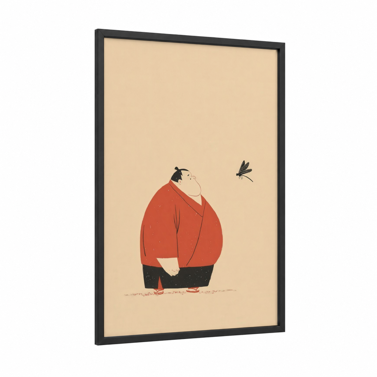 Contemplative Sumo framed art print — black wood frame — red and cream palette
