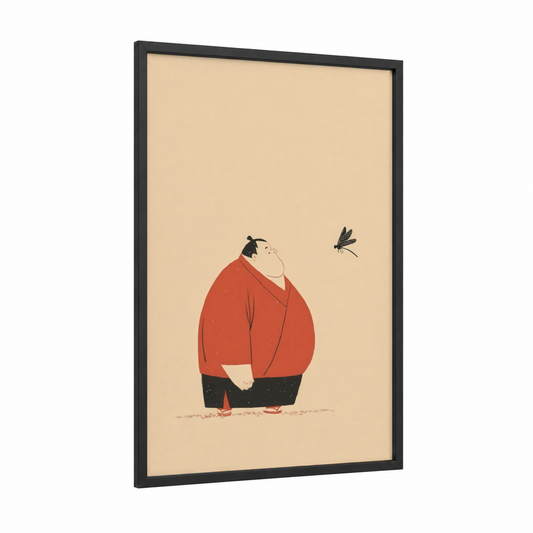 Contemplative Sumo framed art print — black wood frame — red and cream palette