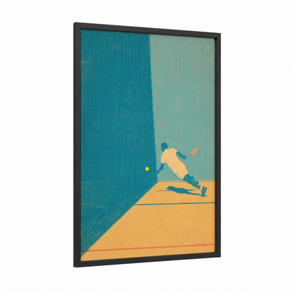 Court Champion framed racquetball print — black wood frame — teal and gold palette