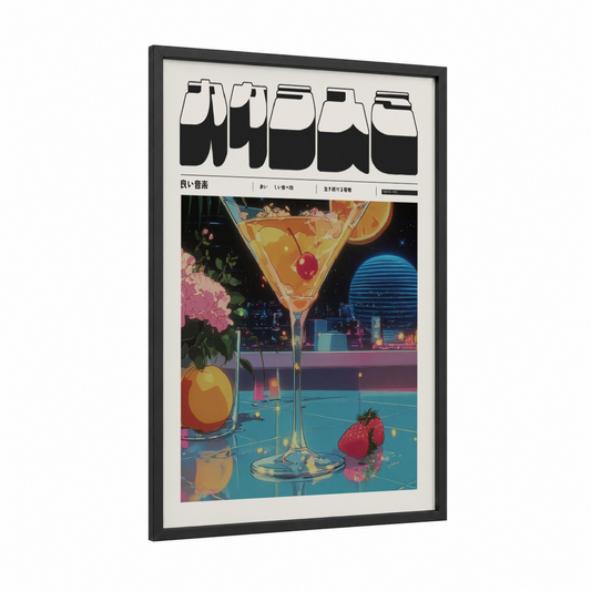 Neon Cocktail Night framed anime and manga print — black wood frame — magenta and blue palette