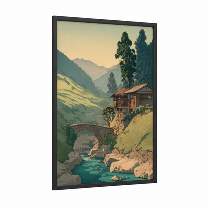 Mountain River Lodge framed rivers print — black wood frame — light green and gold palette