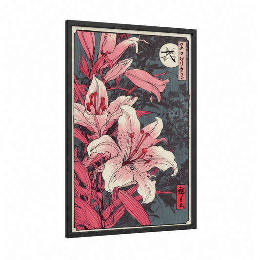 Moonlit Amarillys framed art print — black wood frame — salmon pink and dark blue palette