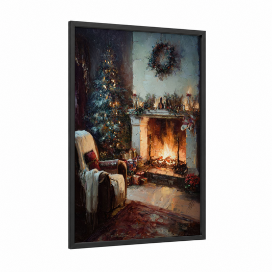 Festive Fireside Christmas framed art print — black wood frame — gold and deep green palette