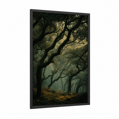 Misty Oak Forest framed art print — black wood frame — green and gold palette