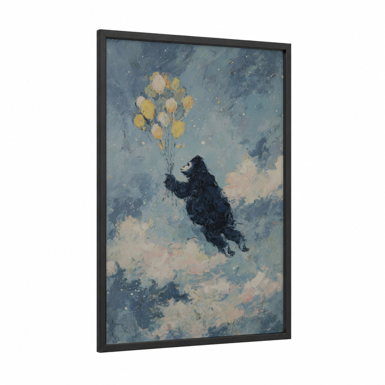 Dreaming Gorilla framed art print — black wood frame — blue and gold and gray palette
