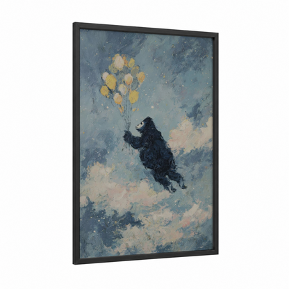 Dreaming Gorilla framed art print — black wood frame — blue and gold and gray palette
