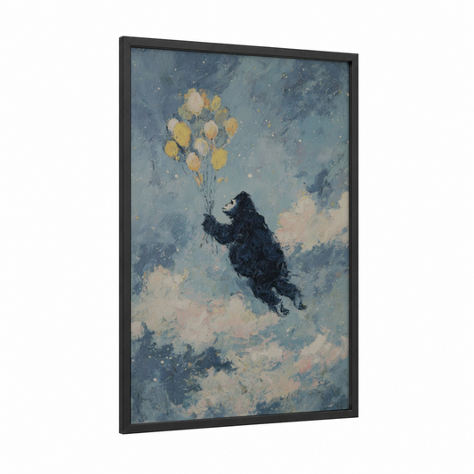 Dreaming Gorilla framed art print — black wood frame — blue and gold and gray palette