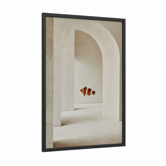 Minimalist Clownfish framed clown fish print — black wood frame — white and orange palette