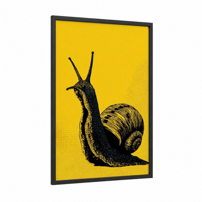Golden Snail framed art print — black wood frame — yellow gold and black palette