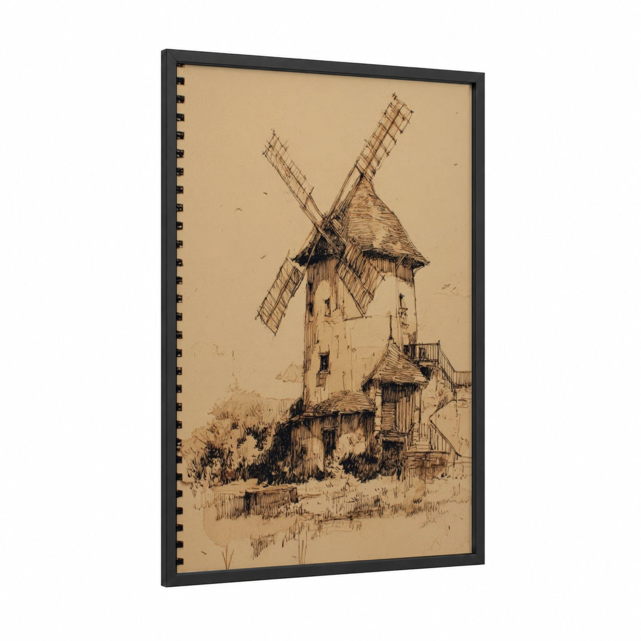 Dutch Windmill Sketch framed windmills print — black wood frame — beige and black palette