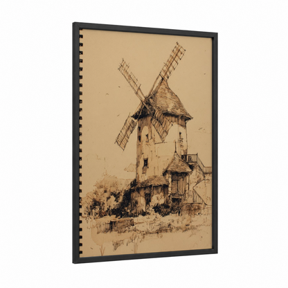 Dutch Windmill Sketch framed windmills print — black wood frame — beige and black palette