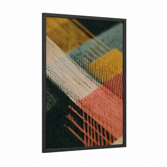 Woven Textile Detail framed knitting and sewing print — black wood frame — gold and teal palette
