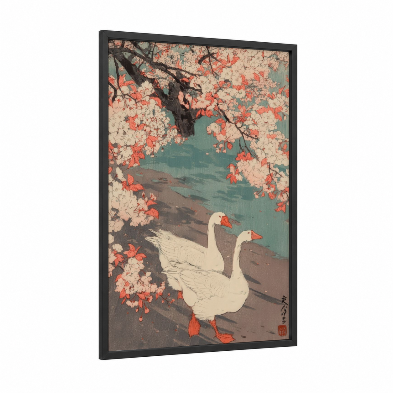 Blossom Geese Pair framed art print — black wood frame — cream and teal palette