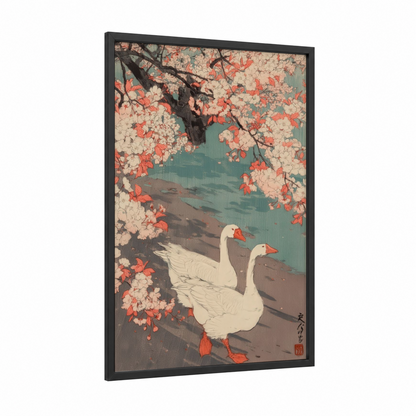 Blossom Geese Pair framed art print — black wood frame — cream and teal palette