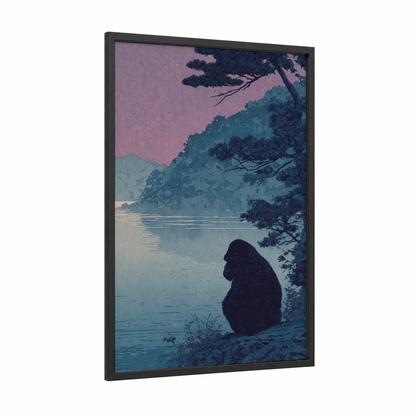Riverside Gorilla framed art print — black wood frame — gray and teal palette