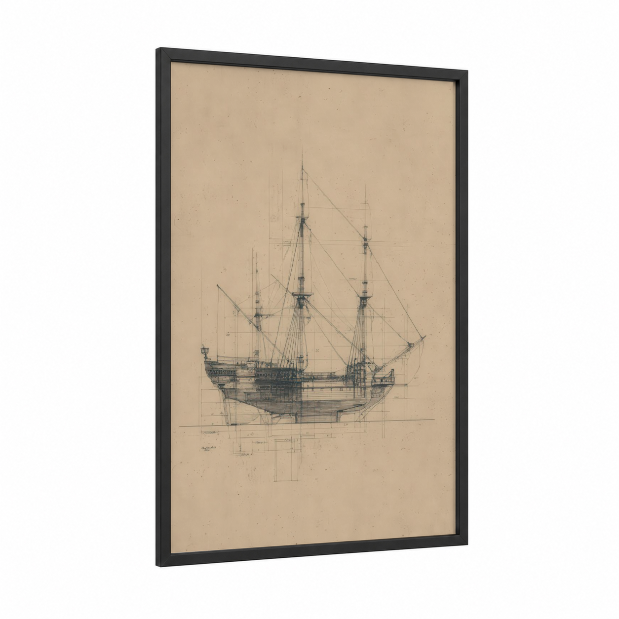 Sailing Ship Blueprint framed old ships print — black wood frame — beige and black palette