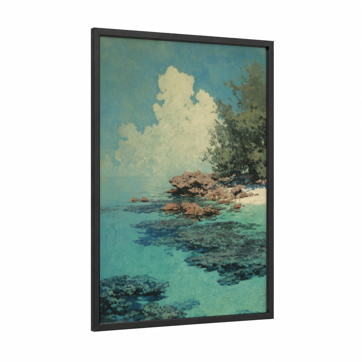 Tropical Island Paradise framed art print — black wood frame — blue and turquoise palette