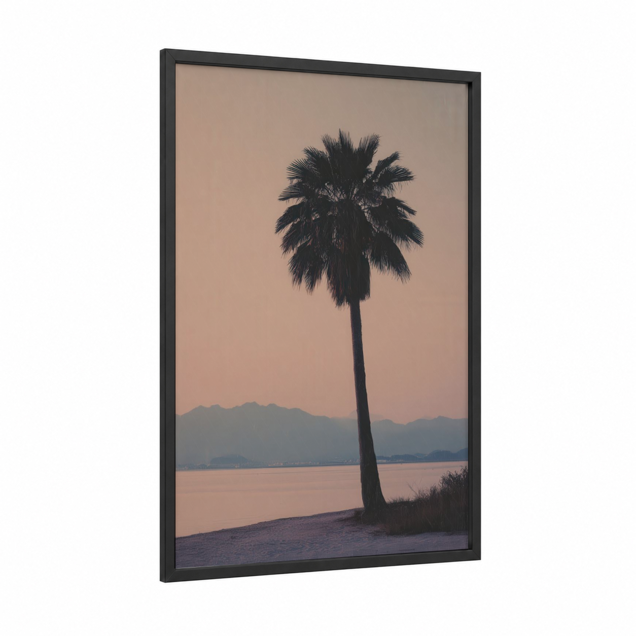 Solitary Palm Sunset framed tropical trees print — black wood frame — peach and gray palette