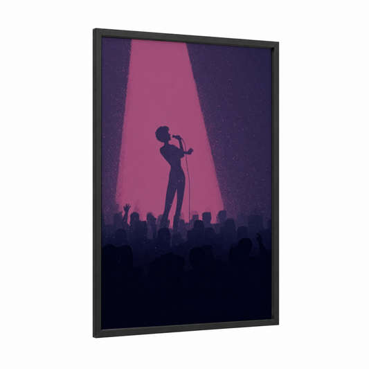Stage Spotlight Performer framed disco print — black wood frame — magenta and purple palette