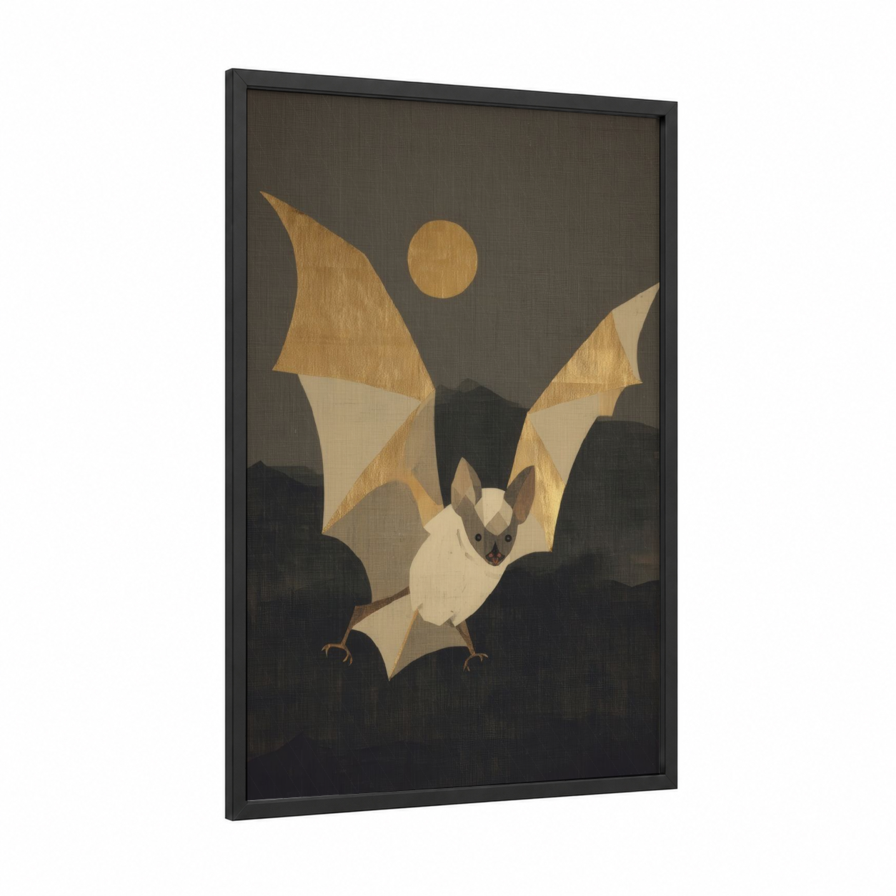 Moonlit Bat framed art print — black wood frame — gold and black palette