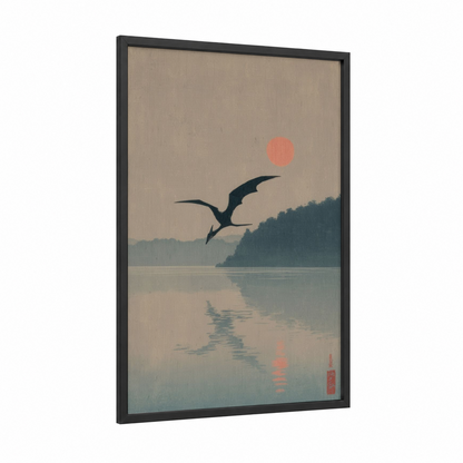 Pterosaur Sunrise framed dinosaur print — black wood frame — beige and teal palette