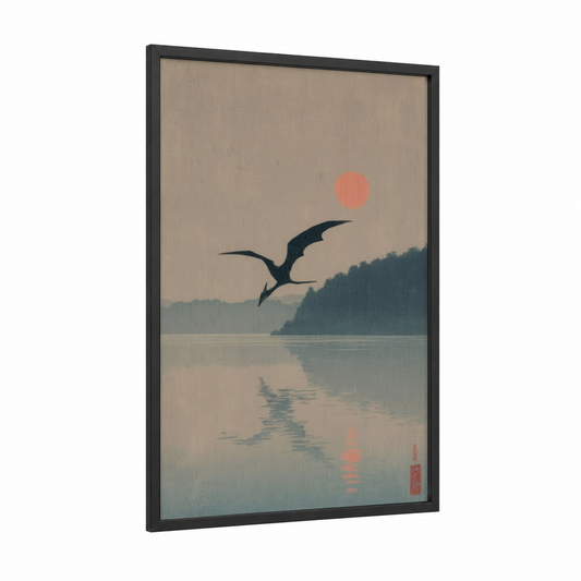 Pterosaur Sunrise framed dinosaur print — black wood frame — beige and teal palette