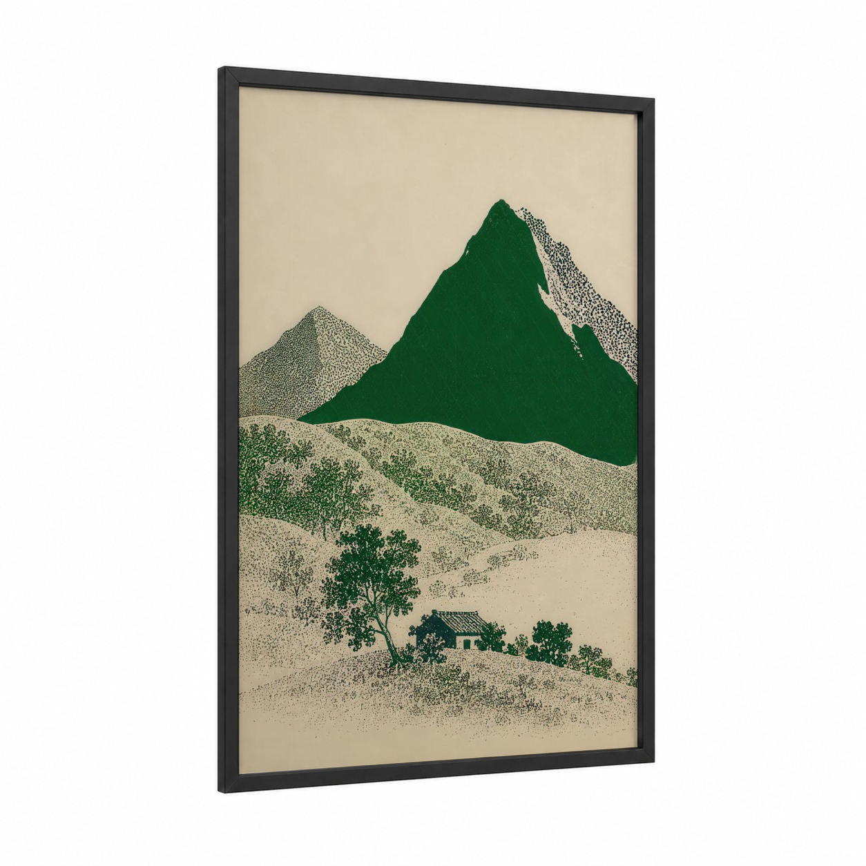 Japanese Mountain Landscape Wall Art framed art print — black wood frame — true green and beige palette