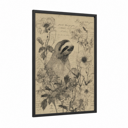 Curious Sloth framed art print — black wood frame — cream and black palette