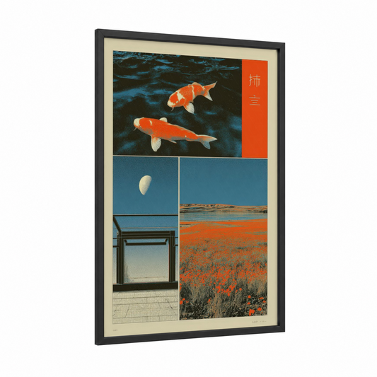 Koi Dreamscape framed japanese y2k print — black wood frame — orange and blue palette