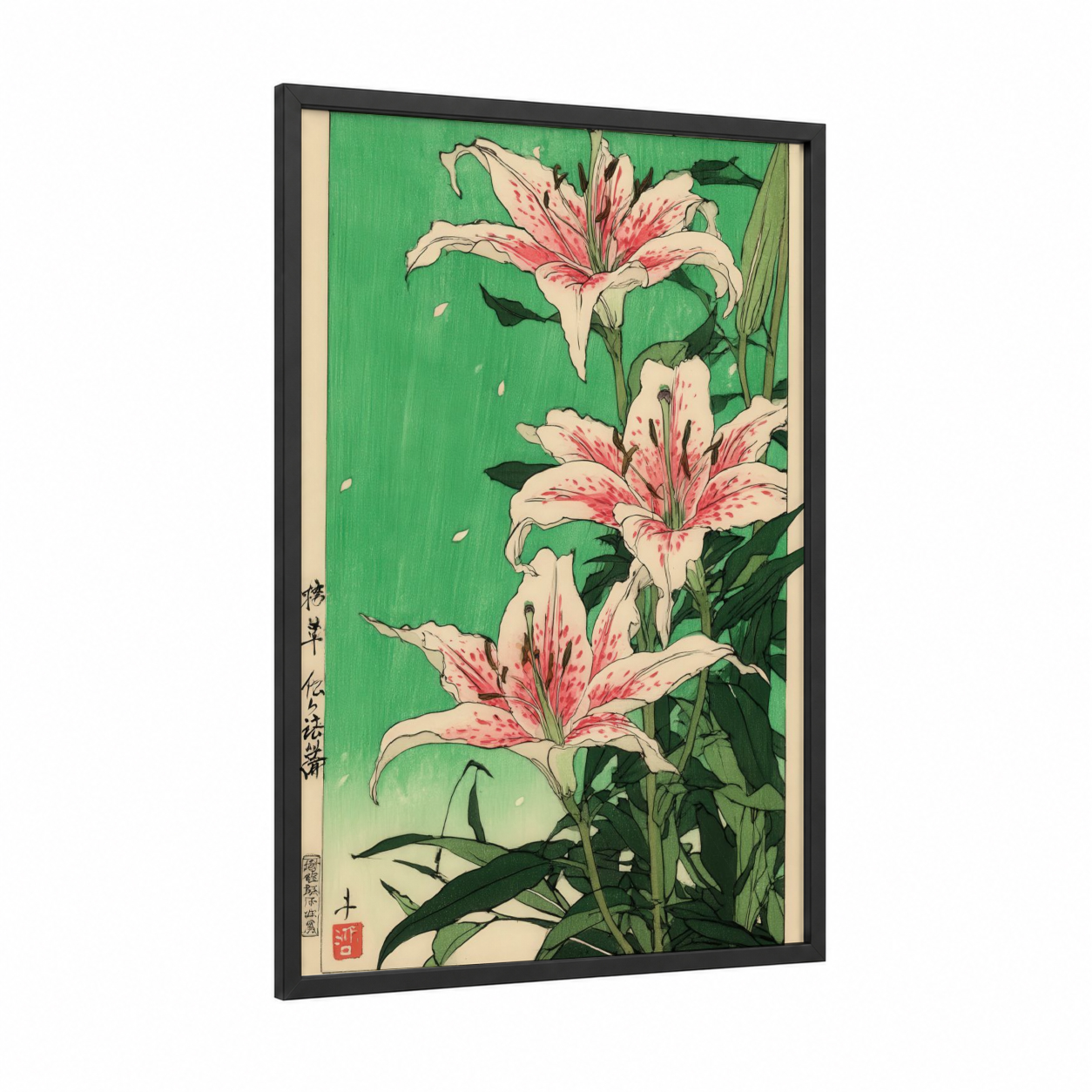 Pink Amaryllis Trio framed amarillys print — black wood frame — green and pink palette