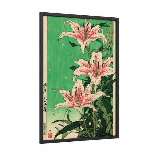 Pink Amaryllis Trio framed amarillys print — black wood frame — green and pink palette