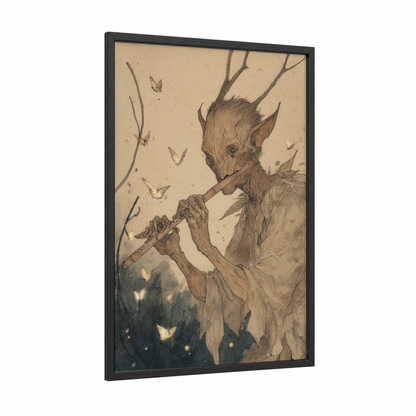 Woodland Elf Musician framed art print — black wood frame — beige and brown palette
