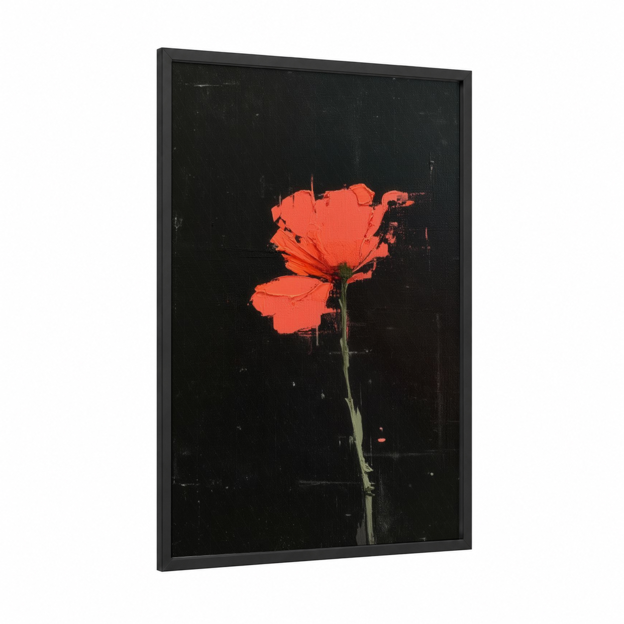 Crimson Poppy framed abstract flower print — black wood frame — red and black palette