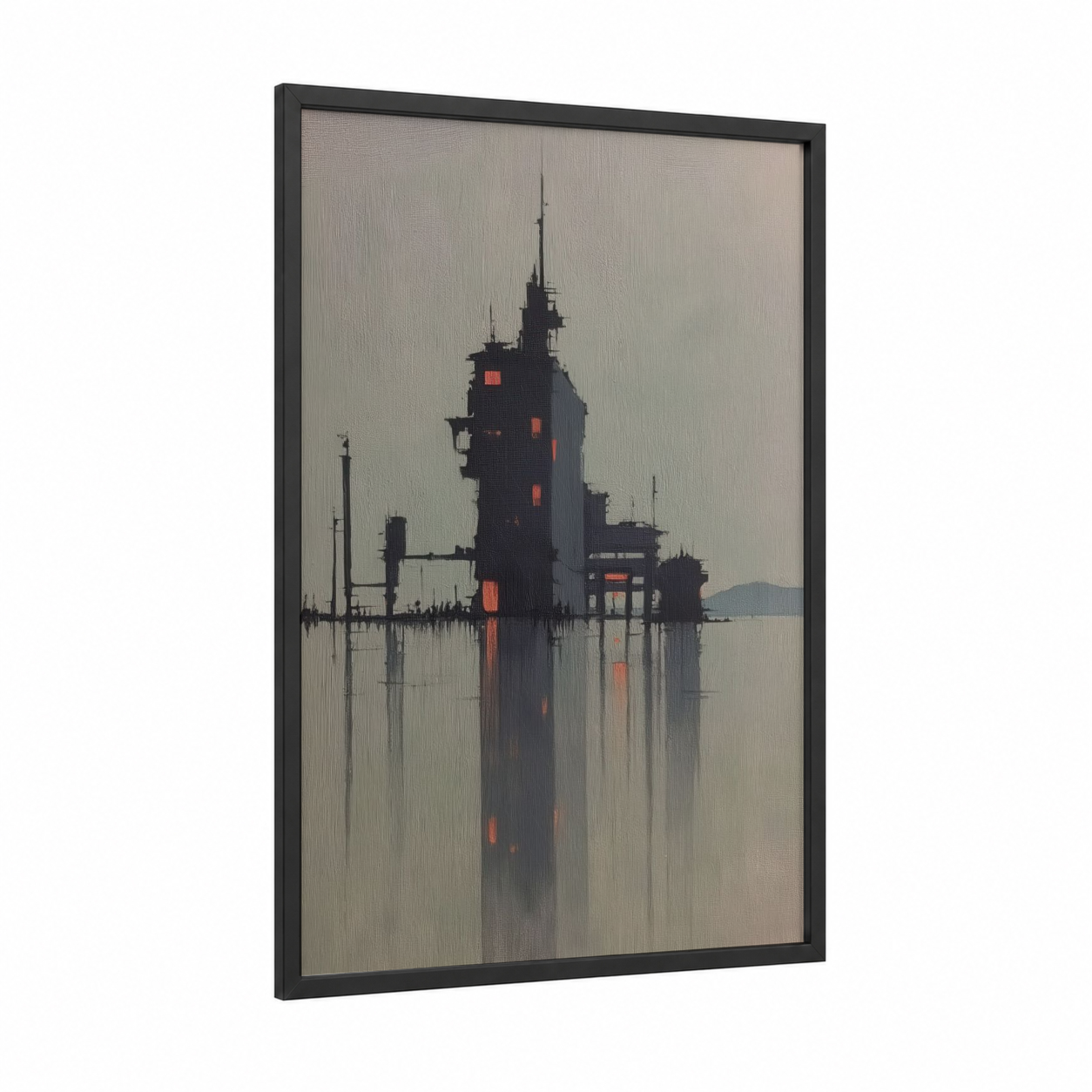 Misty Tower Reflection framed abstract architecture print — black wood frame — gray and black and red palette