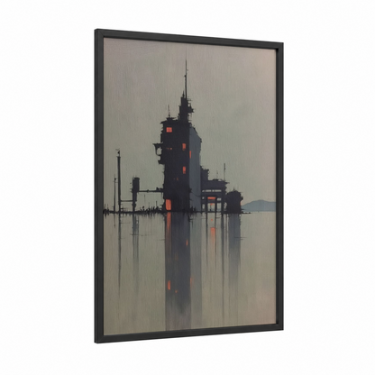 Misty Tower Reflection framed abstract architecture print — black wood frame — gray and black and red palette