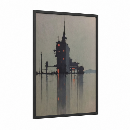 Misty Tower Reflection framed abstract architecture print — black wood frame — gray and black and red palette