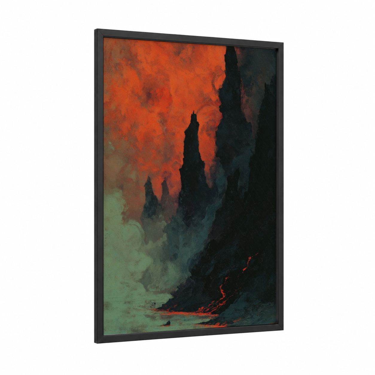 Volcanic Cliff Inferno framed art print — black wood frame — red and black palette