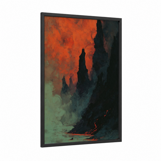 Volcanic Cliff Inferno framed art print — black wood frame — red and black palette