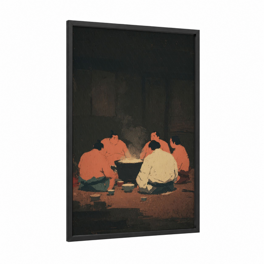 Evening Sumo Gathering framed art print — black wood frame — black and russet palette
