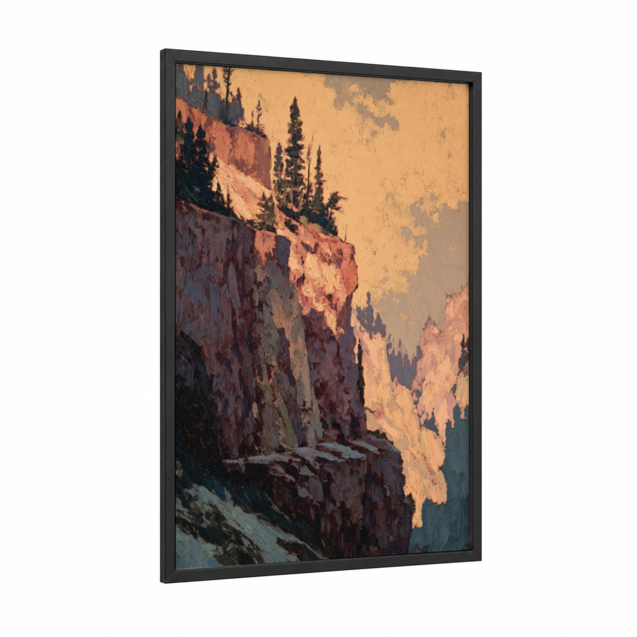 Golden Cliff Sunset framed art print — black wood frame — gold and russet palette