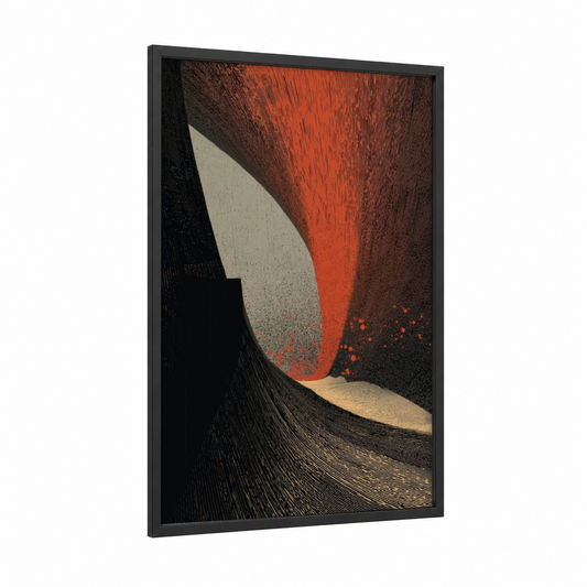 Molten Volcano framed art print — black wood frame — russet and black palette