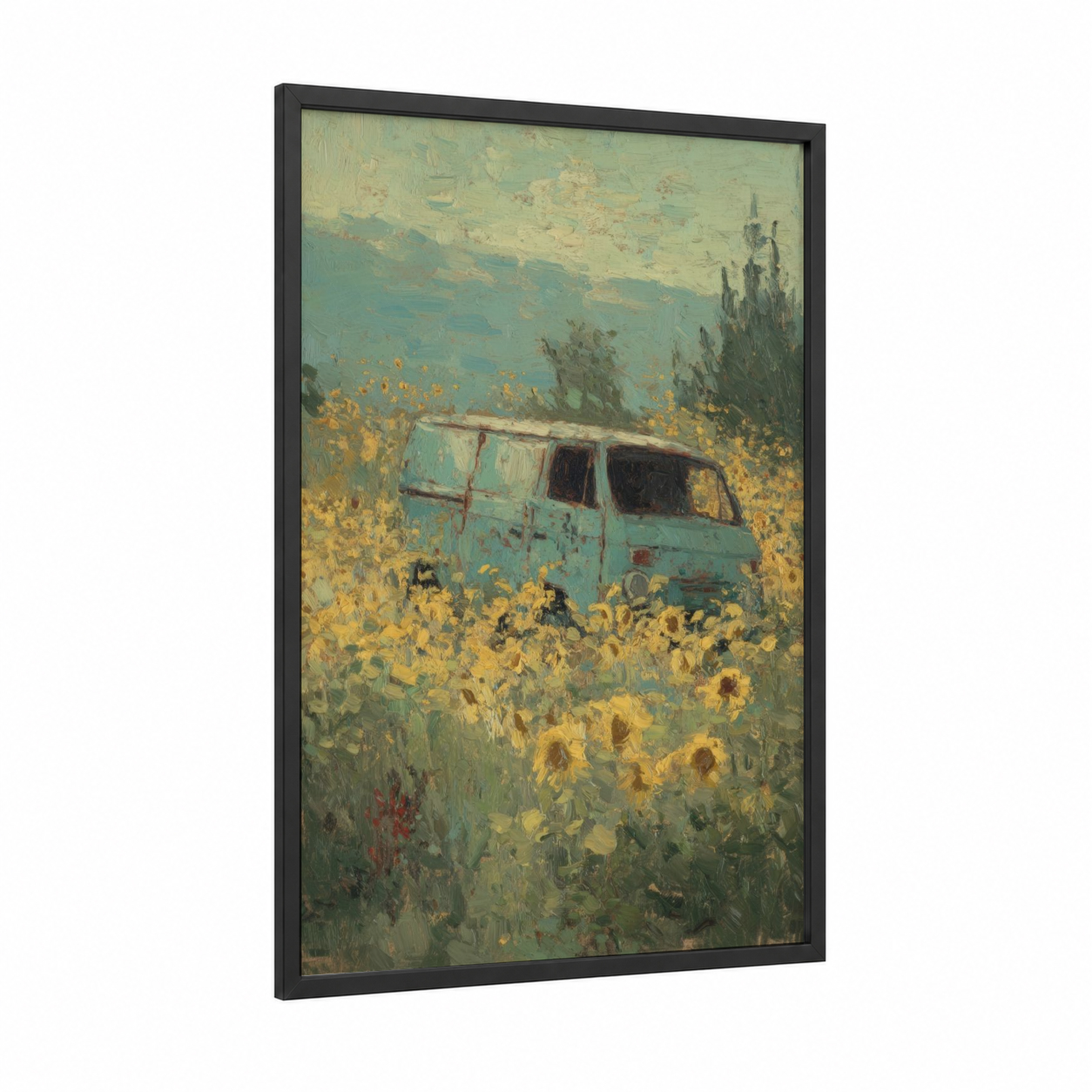 Vintage Van Sunflower Field framed art print — black wood frame — gold and teal palette