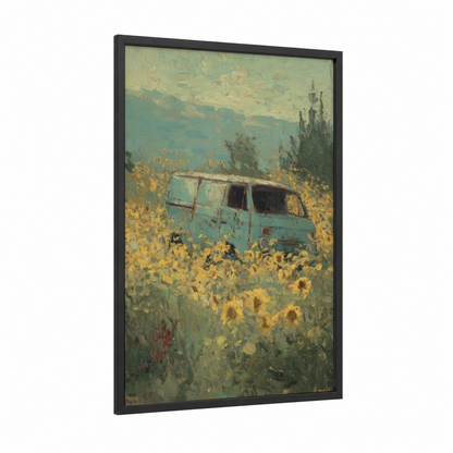 Vintage Van Sunflower Field framed art print — black wood frame — gold and teal palette