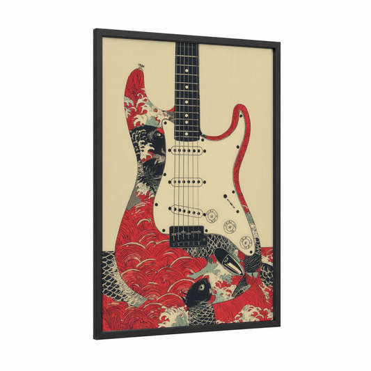 Crimson Koi Guitar framed electric guitar print — black wood frame — red and cream palette