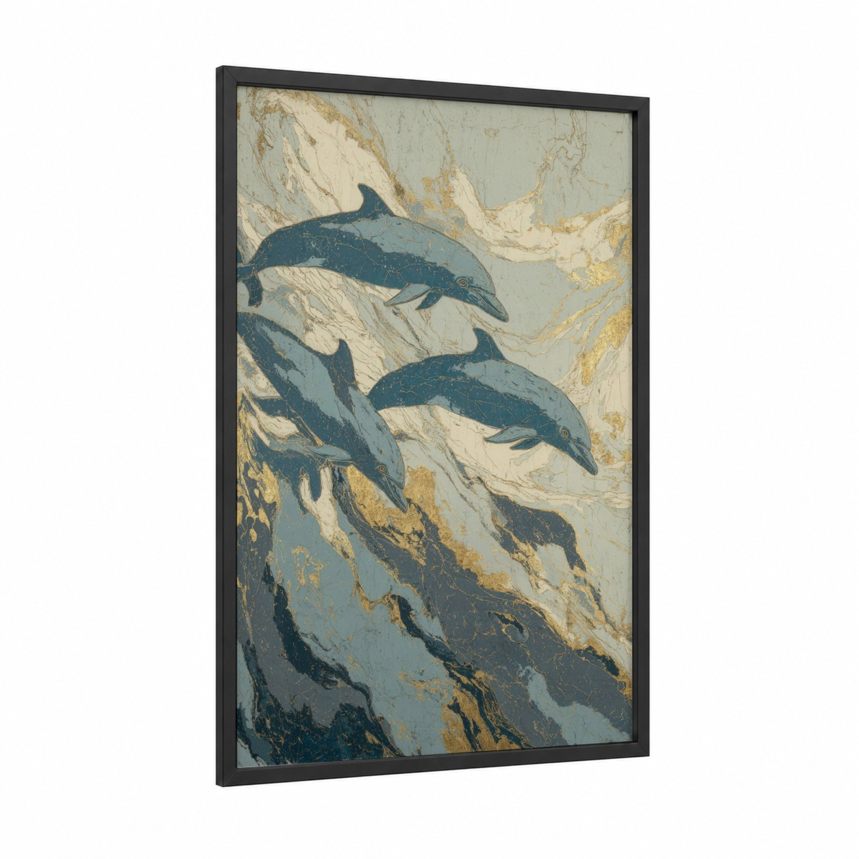 Golden Dolphins framed art print — black wood frame — dark blue and yellow gold palette